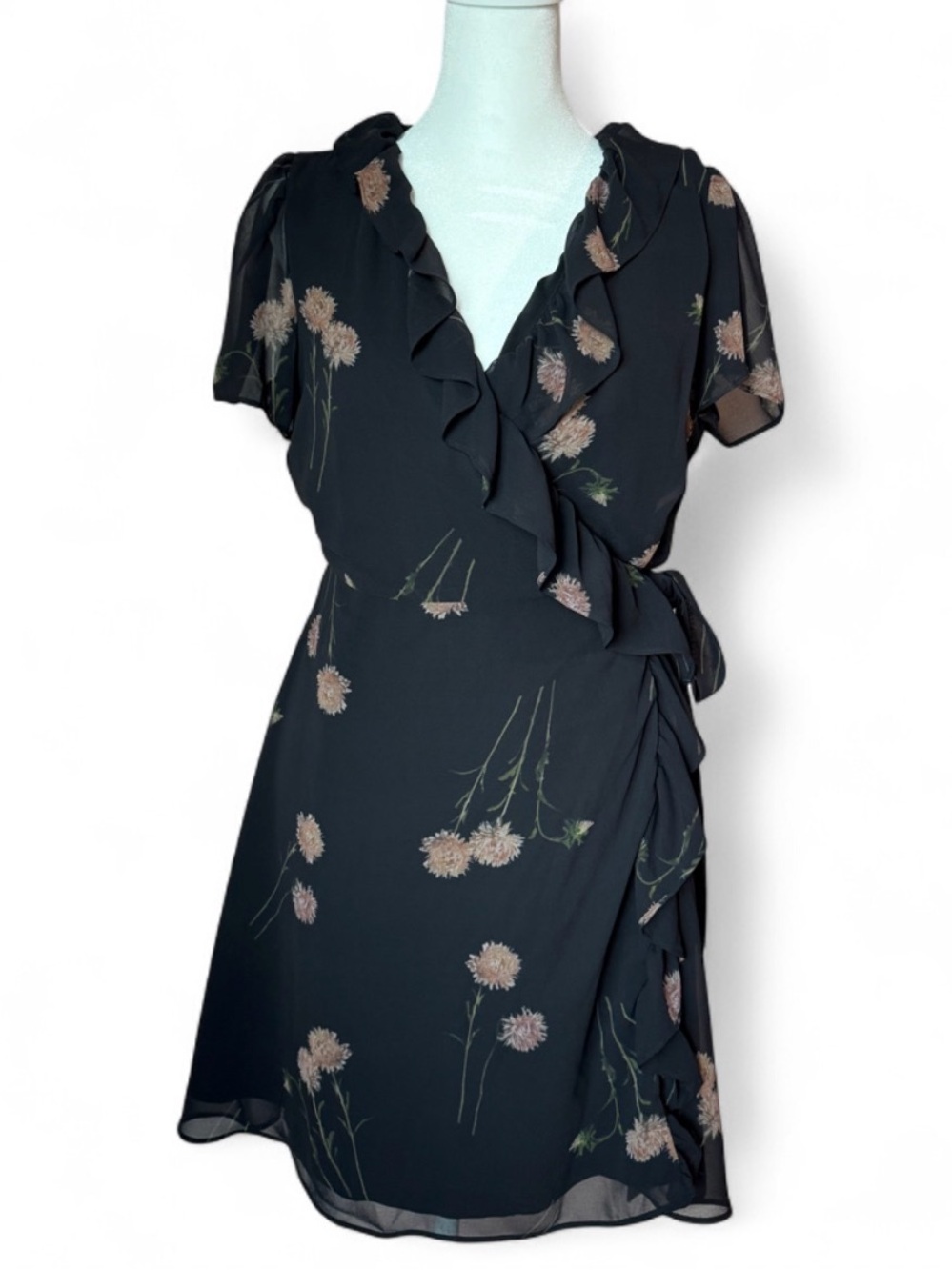 Madewell Georgette Ruffle Wrap Mini Dress Aster Portrait Black Floral S